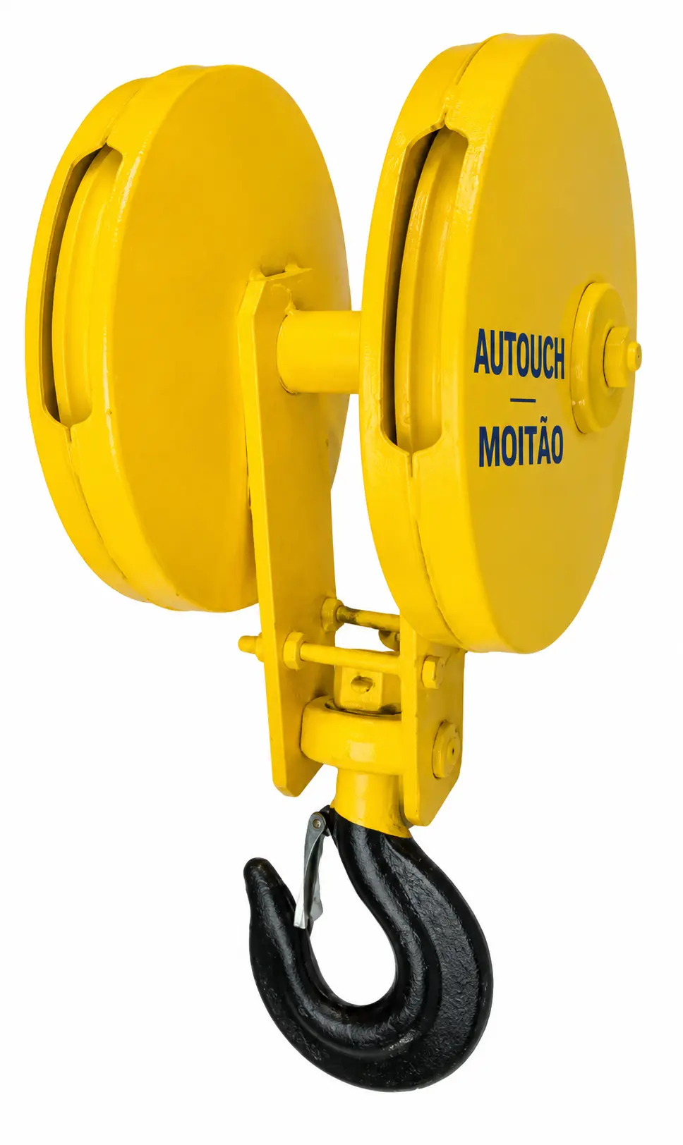 Moitão amarelo Autouch com duas roldanas e gancho preto para talha elétrica de perfil baixo